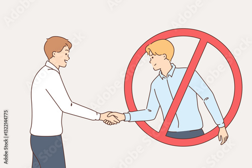 Business man makes risky deal, shakes hands with partner located inside crossed out sign