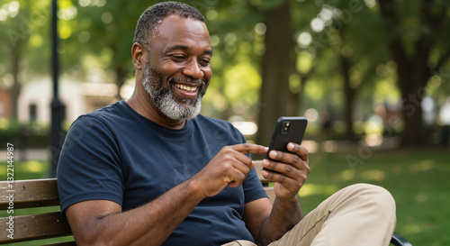 Smiling senior Black man using smartphone on park bench, with joyful mood, representing connection or communication, against blurred green background