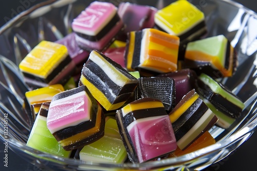 An assortment of licorice allsorts, with their distinct layers and patterns, displayed in a clear bowl