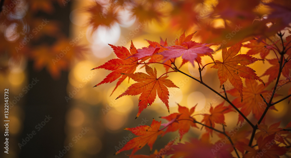 Autumn maple leaves in warm sunlight with blurred forest background Autumn maple leaves in warm sunlight with blurred forest background