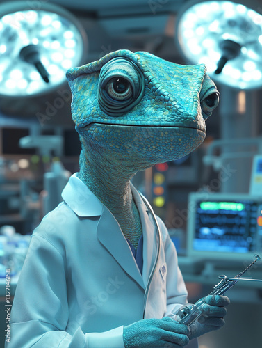 Anthropomorphic humanlike chameleon dressed as a medical doctor