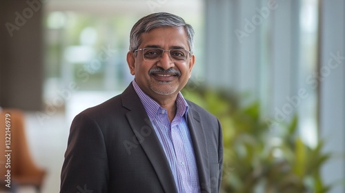Confident Indian chairman guiding a governance strategy session, open minimal backdrop photo