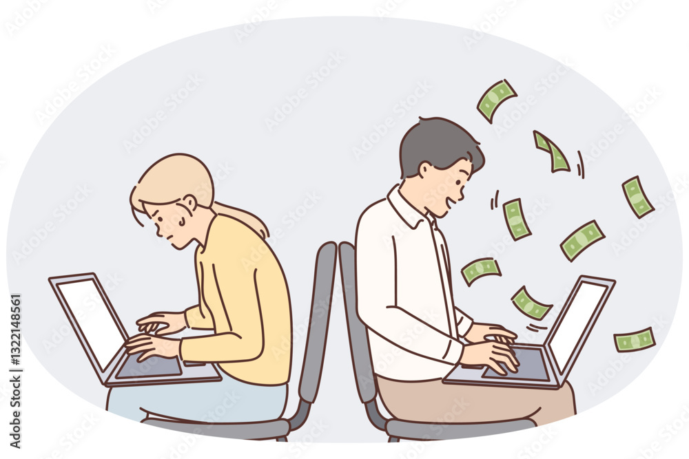 Man working with laptop makes money sitting near woman experiencing financial difficulties Man working with laptop makes money sitting near woman experiencing financial difficulties