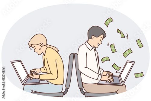 Man working with laptop makes money sitting near woman experiencing financial difficulties