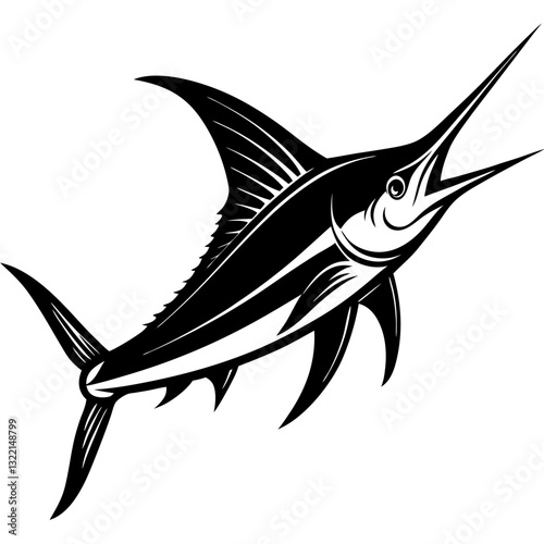 Black and white swordfish swimming in the waters