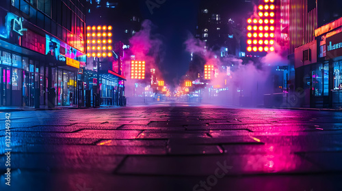 Vibrant Neon-Lit Cyberpunk City Street at Night with Wet Pavement Reflecting Purple Pink and Blue Lights and Futuristic Architecture