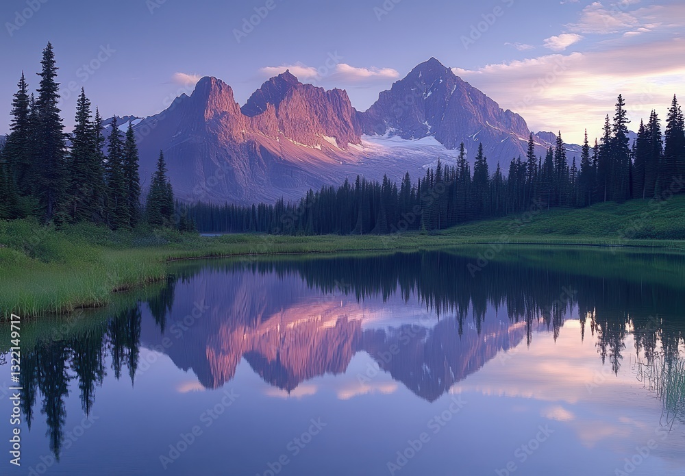 Fototapeta premium Majestic Mountain Landscape with Reflections in Calm Water during Sunrise in a Serene Wilderness Environment