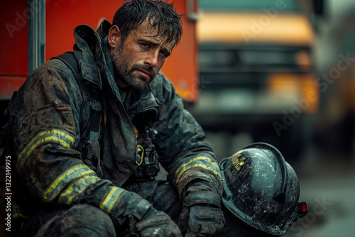 A weary firefighter sits on the ground, covered in soot and sweat, taking a moment to rest after responding to an intense fire in the city Generative AI