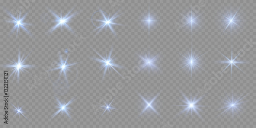 A large collection of stage lighting spotlights with powerful blue light effects. Vector illustration featuring studio lighting, projector beams, and realistic stage illumination.