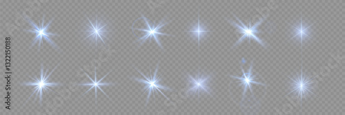 A large collection of stage lighting spotlights with powerful blue light effects. Vector illustration featuring studio lighting, projector beams, and realistic stage illumination.
