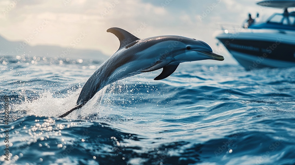 Fototapeta premium Dolphin happily jumping from the ocean surface near a boat 