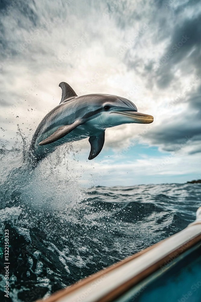 Fototapeta premium Dolphin happily jumping from the ocean surface near a boat 