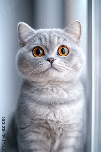 Close-up portrait of a grey British Shorthair cat with bright orange eyes, sitting near a window.  The cat's fur has a subtle speckled pattern