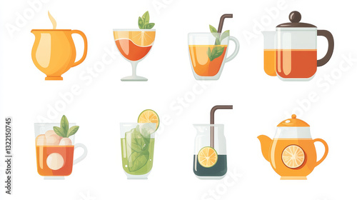 Black tea leaves icons. Hot drink cup, cold iced tea and teapot with steam pictogram. Organic herbal or mint teas logotype, eco leaf tea sign and teapot. Isolated icon vector set