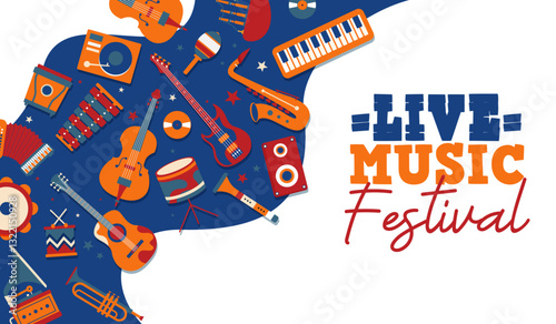 Live Music Festival - Modern Musical Instruments - Illustrations and Title - Worldwide Music Celebration - Concert and Festival Template - Various Musical Notes and Instruments - Good musical vibes 