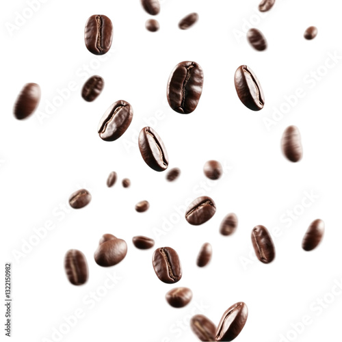 Roasted coffee beans falling down playfully delightful aroma
