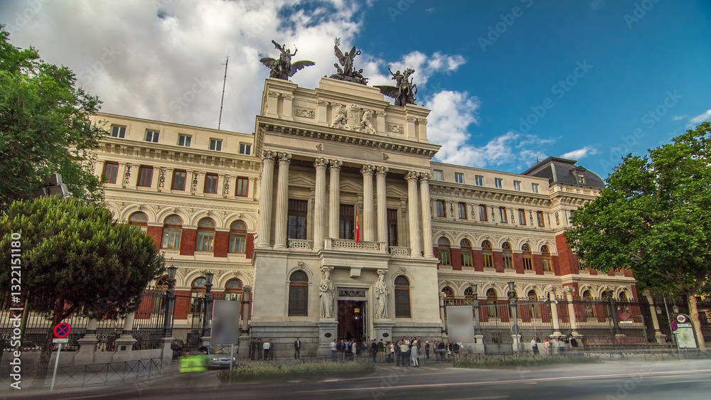 Obraz premium Government palace facade the Ministry of Agriculture building timelapse hyperlapse in Madrid, Spain.