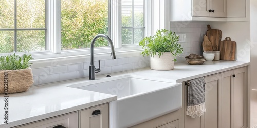 A clean and bright kitchen area with a large white sink