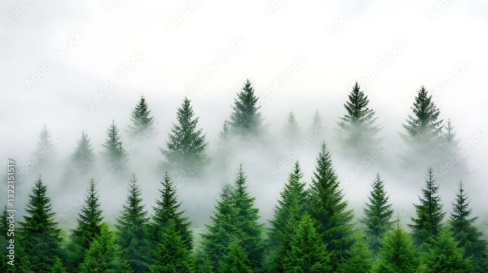 Fototapeta premium Misty Mountain Magic: Majestic Evergreen Trees Emerge from the Fog in a Breathtaking Natural Landscape.