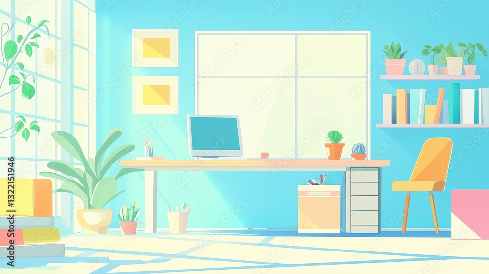 Fototapeta premium Bright and Airy Home Office Workspace Illustration