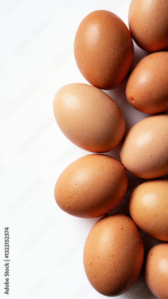 Aerial View of Beautifully Arranged Brown Eggs on White Background for Easter Celebrations and Culinary Marketing Aerial View of Beautifully Arranged Brown Eggs on White Background for Easter Celebrations and Culinary Marketing