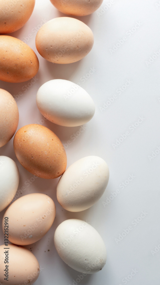 Meticulously Arranged Raw Chicken Eggs on White Background for Food Marketing and Culinary Publications Meticulously Arranged Raw Chicken Eggs on White Background for Food Marketing and Culinary Publications