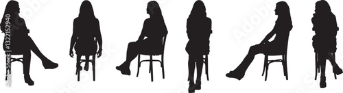 vector; silhouette of various poses of same girl sitting on chair