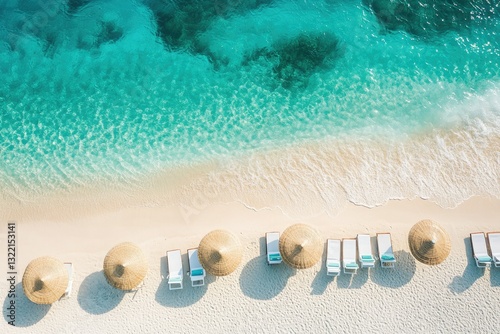 Aerial view of a pristine beach with turquoise water, white sand, and beach loungers under straw umbrellas. photo