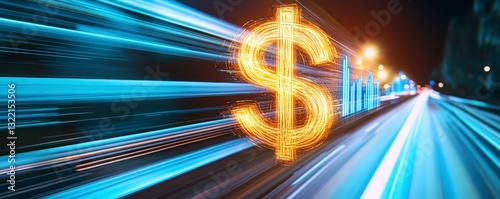 A glowing dollar symbol amid dynamic blue light trails, suggesting financial growth and digital commerce. photo