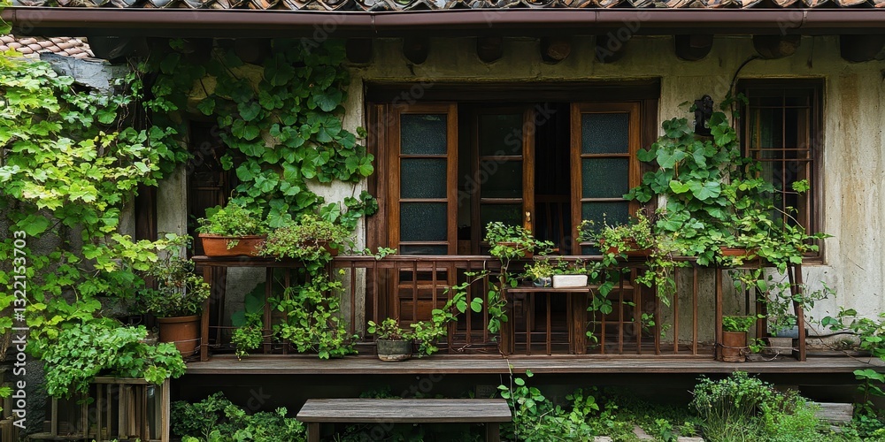 Fototapeta premium An old wooden building with greenery and open windows