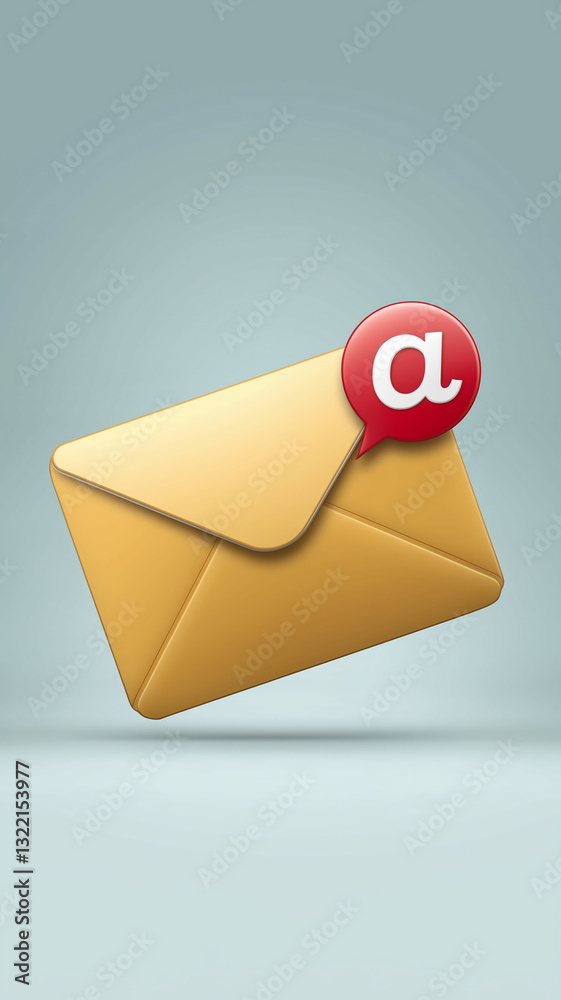 Golden envelope icon, 3D rendering, with red notification bubble showing at symbol, suggesting new email or message, clean design ideal for communication or technology concepts Golden envelope icon, 3D rendering, with red notification bubble showing at symbol, suggesting new email or message, clean design ideal for communication or technology concepts
