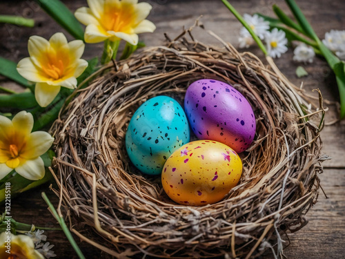 Colorful Easter eggs in nest with spring flowers photo