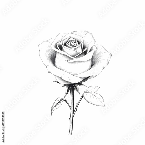 Rose Sketch: An elegant black and white sketch of a blooming rose, capturing the delicate beauty and intricate details of the petals and stem.