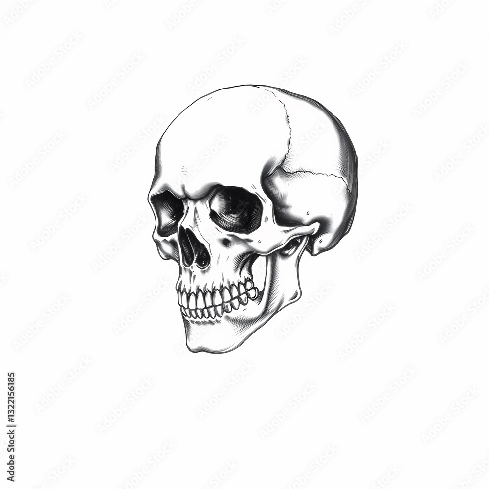 Fototapeta premium Memento Mori: A detailed sketch of a human skull, capturing the starkness of mortality and the brevity of existence, perfect for artistic or educational purposes.