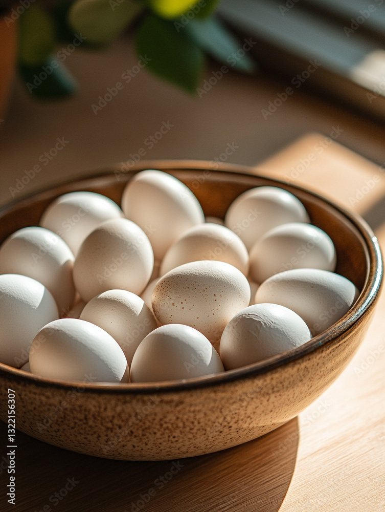 Fresh farm eggs displayed in a wooden bowl Fresh farm eggs displayed in a wooden bowl