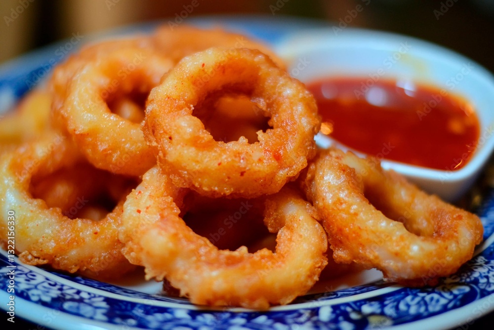 A plate filled with golden, crispy fried onion rings accompanied by a small bowl of tangy dipping sauce. The dish looks appetizing and savory A plate filled with golden, crispy fried onion rings accompanied by a small bowl of tangy dipping sauce. The dish looks appetizing and savory
