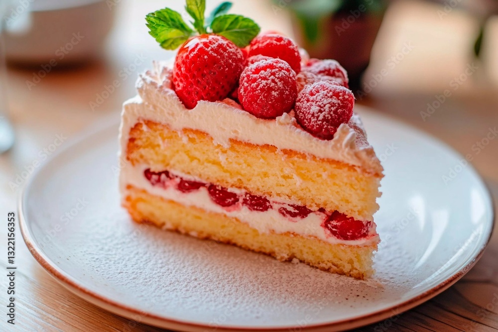 A delicious slice of cake sits on a plate, featuring layers of light sponge, cream, and fresh raspberries, creating an inviting treat in a warm cafe environment