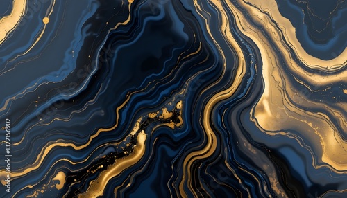 A metallic gold swirl flows across an abstract blue backdrop, its wavy texture illuminated with light photo