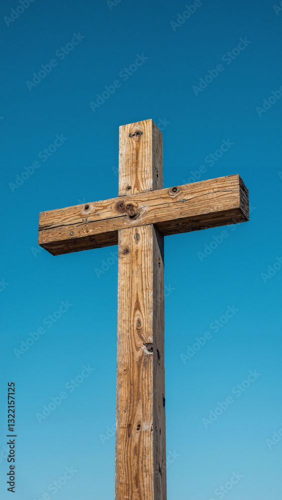 Beautifully Crafted Wooden Cross Against a Vibrant Blue Sky - Ideal for Easter Marketing, Faith-Based Materials, and Community Outreach Beautifully Crafted Wooden Cross Against a Vibrant Blue Sky - Ideal for Easter Marketing, Faith-Based Materials, and Community Outreach