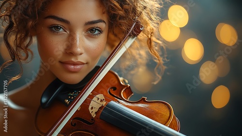 Soloist violinist playing under dramatic lighting with golden violin details emphasized