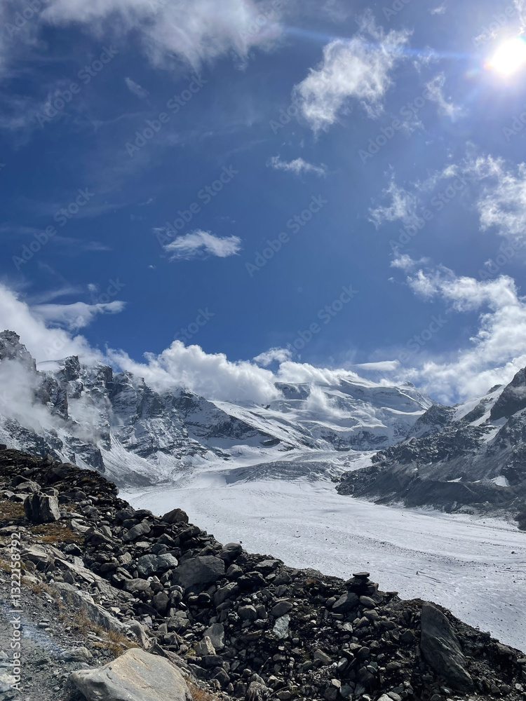 high mountain landscape on a sunny day in the Swiss Alps with view of a glacier