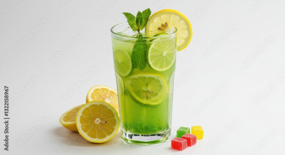 Fototapeta premium A refreshing lemon drink served in a tall glass the beverage has a citrusy green hue garnished with a slice of lemon and a sprig of mint leaves enhancing the drink's freshness on white background