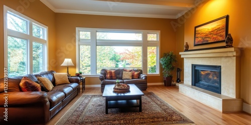Cozy living room interior with leather sofas and fireplace visible