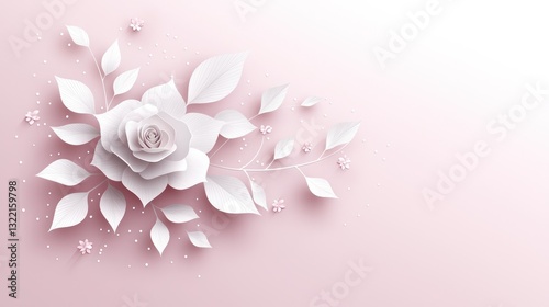 Delicate white rose, leaves, tiny flowers arranged on soft pink backdrop