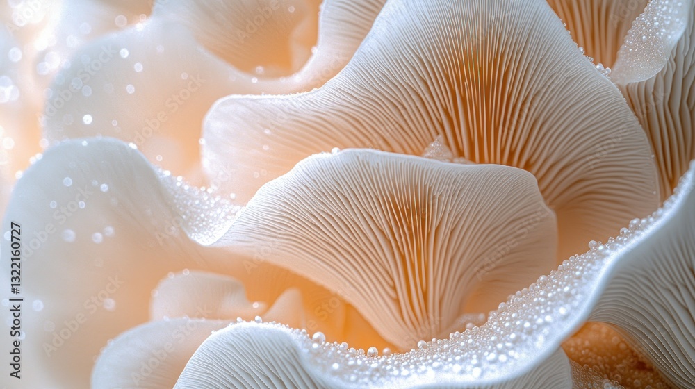 Delicate, layered mushroom gills with water droplets. Elegant detail Delicate, layered mushroom gills with water droplets. Elegant detail