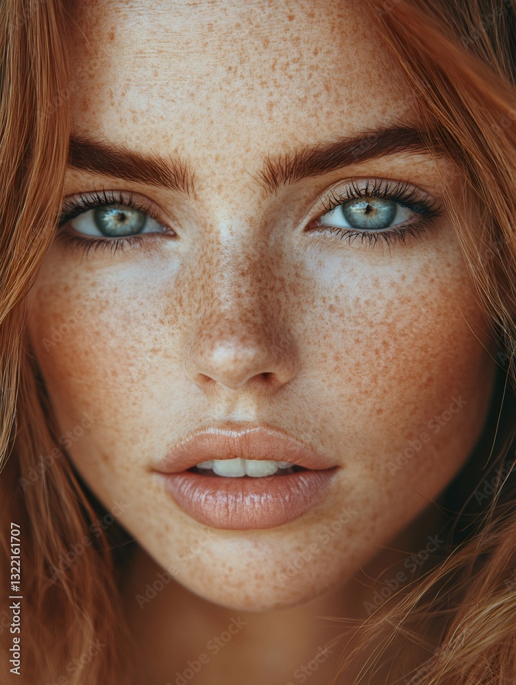 Portrait of redhead fashion model showing freckles and green eyes Portrait of redhead fashion model showing freckles and green eyes