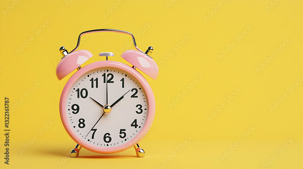 Pink Retro Alarm Clock On Vivid Yellow Backdrop Symbolizing Time Management And Morning Awakening Pink Retro Alarm Clock On Vivid Yellow Backdrop Symbolizing Time Management And Morning Awakening