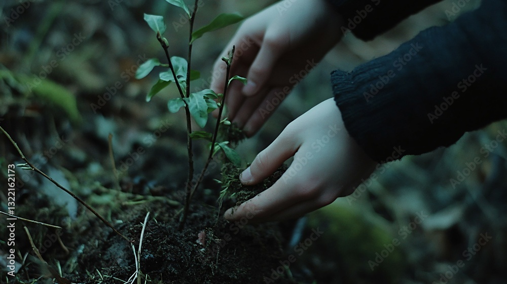 Fototapeta premium A persons hands carefully planting a young green tree in soil