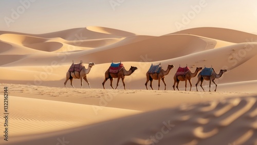 Camels caravan in majestic desert at sunset, golden sand dunes, warm sunlight, decorative blanket, soft shadows. Travel concept of an unforgettable adventure. Serene desert landscape. Romantic scenery