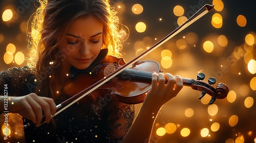 Classical musician playing violin golden details shimmering under concert hall glow